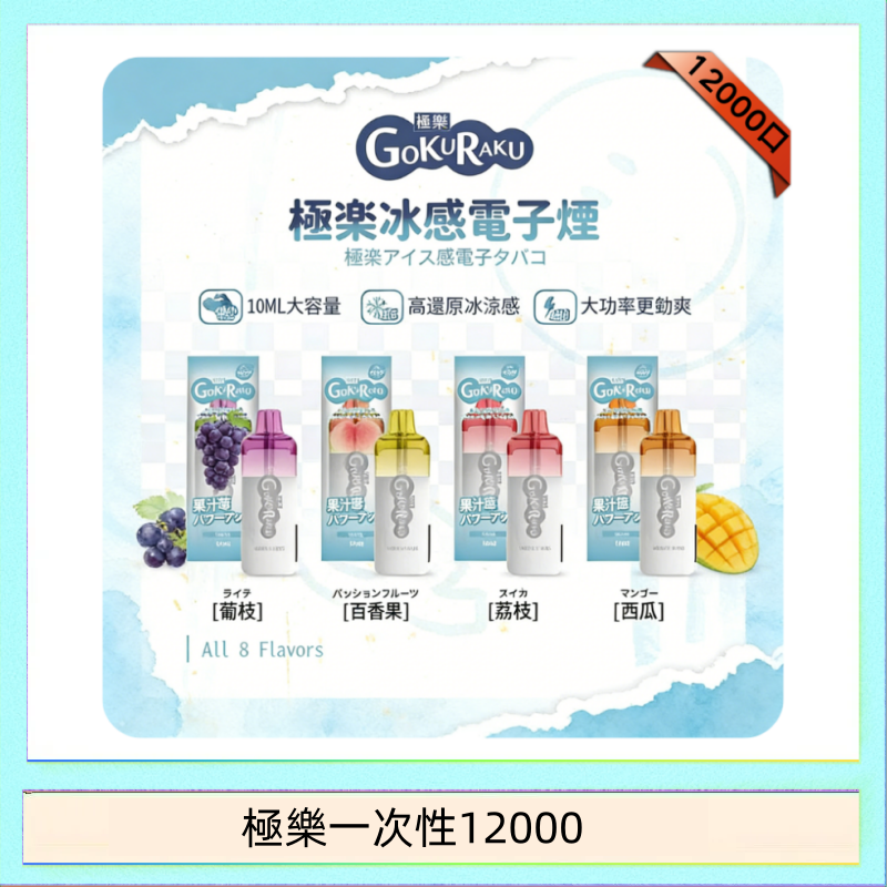 極樂一次性12000 【8種口味】極楽 12000口一次性電子煙|超大容量 |口感絲滑|新品